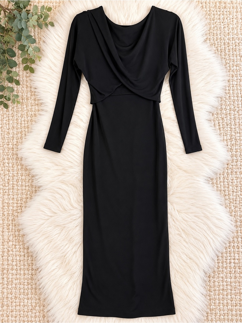 Zara Black Draped Cowl Neck Long Sleeve Maxi Dress